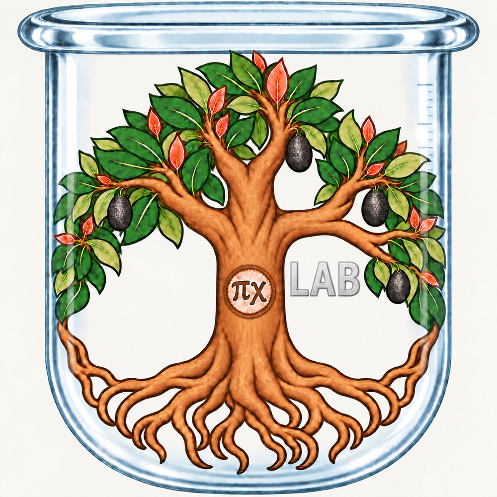 Árbol de raíces profundas dentro de un frasco de vidrio; el sello πχ va tallado en un círculo de madera y las letras LAB sobre el vidrio.